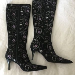 Richard Tyler "Pia" Black Suede Embroidered Boots